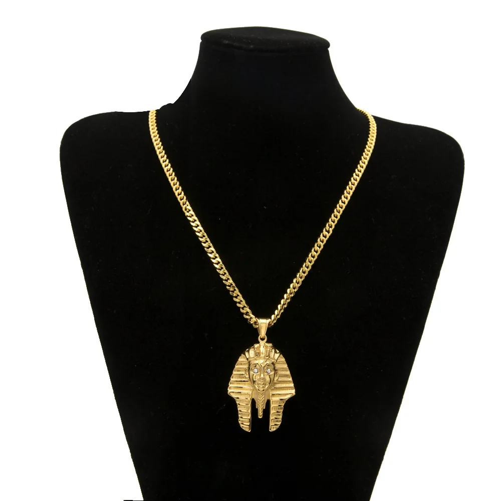 Stainless Steel Pharaoh Head Eye Diamond Pendant Cobra Shape Color Preserving Egyptian King Necklace