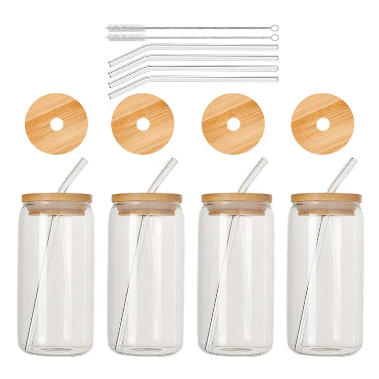 2024 Hot Selling 4pcs 6pcs 16oz Clear Coffee Tea Juice Beer Drinking Glass Can Shaped Cups Set with Bamboo Lid And Glass Straw