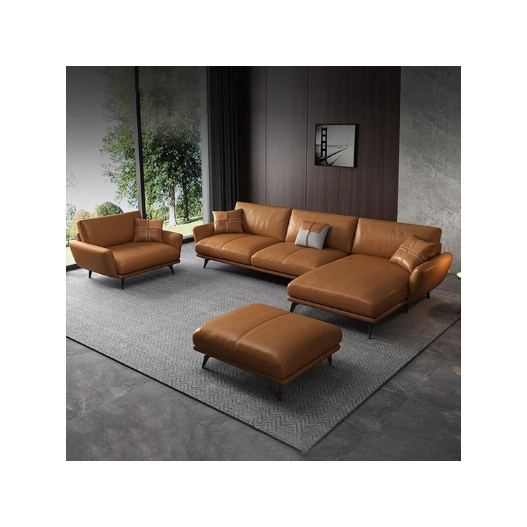 Modern Design New Products Orange Color High Quality Living Room Leather Sofa Combination Furniture