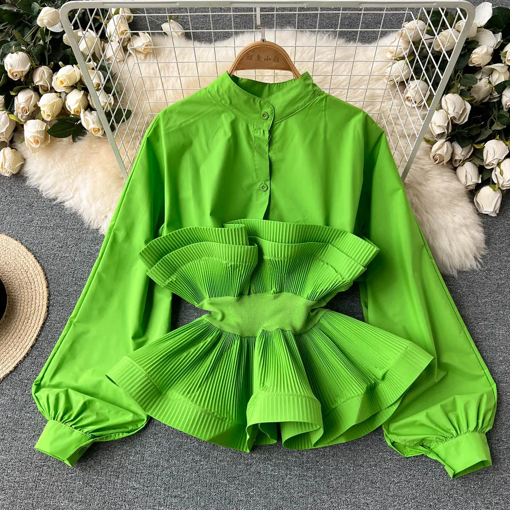 Customized spring long sleeved shirt women three-dimensional pleated ruffle edge waistband top women