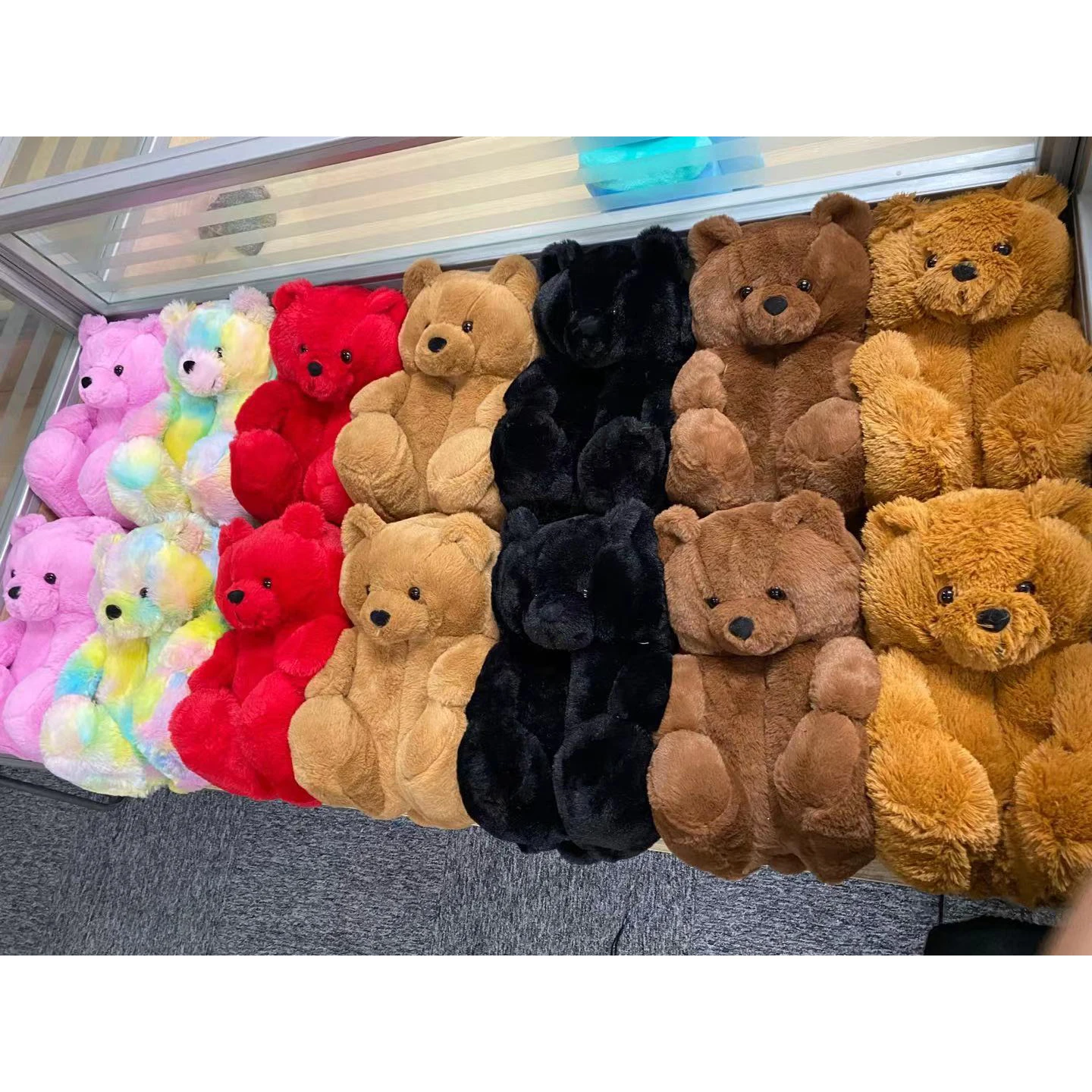
high quality wholesale cheap women red rainbow cute cartoon christmas plush teddy bear slippers 