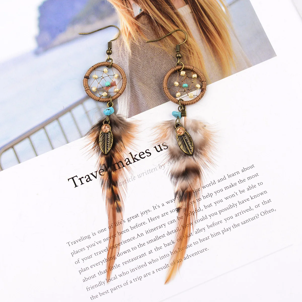 Bohemian Hollow Dream Catcher Leaf Feather Earrings For Women Indian Jewelry Blue Natural Stone Drop Dangle Earrings