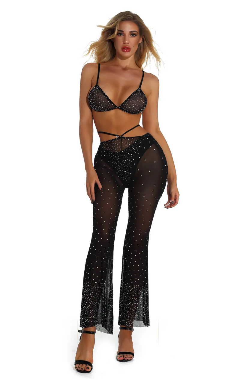 Sexy Women Mesh Transparent Bodystocking Lingerie Diamonds Sparkle Rhinestone Club Party Tight Fishnet Female Bodysuits