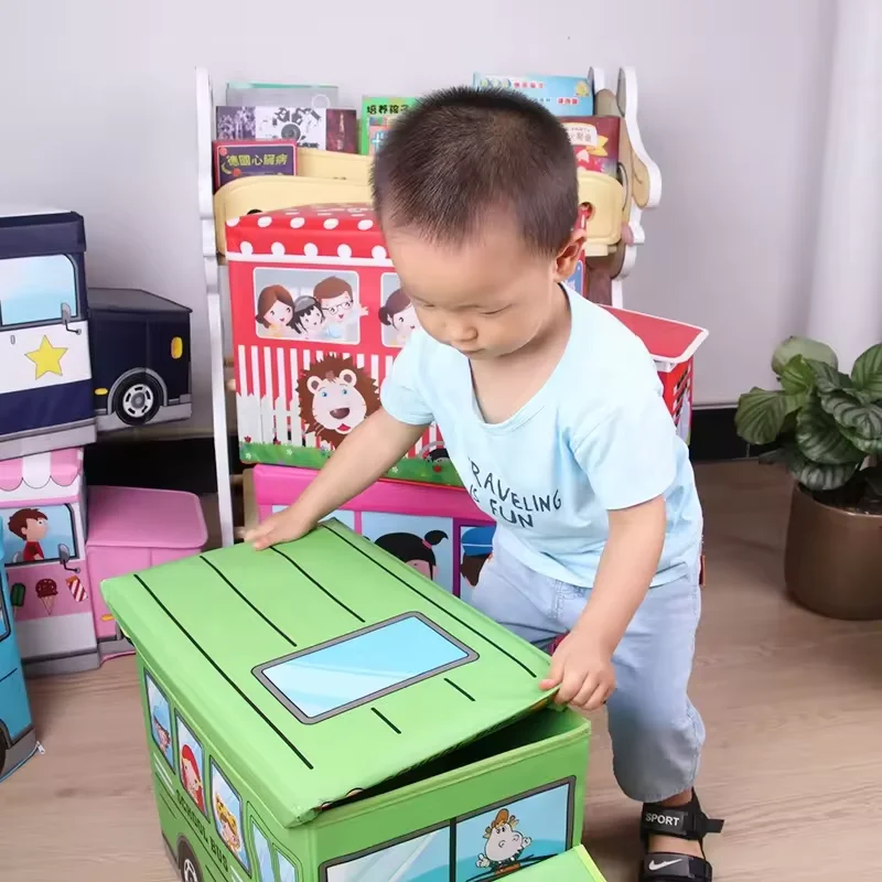 Cartoon Car  Non-woven Storage Box Folding Ottoman Of Kids School Bus Storage Stool