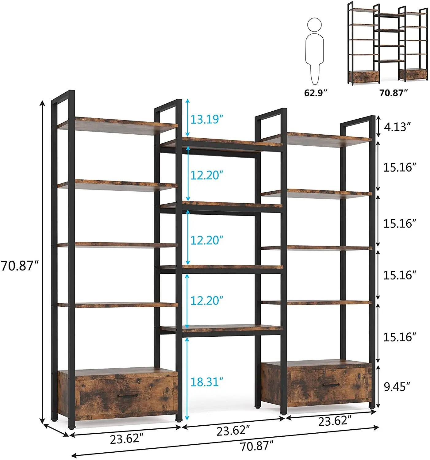 Triple Wide 5-tier Bookshelf Tv Stand Unit Shelves For Living Room Wooden With 2 Drawers Rustic Book Shelf