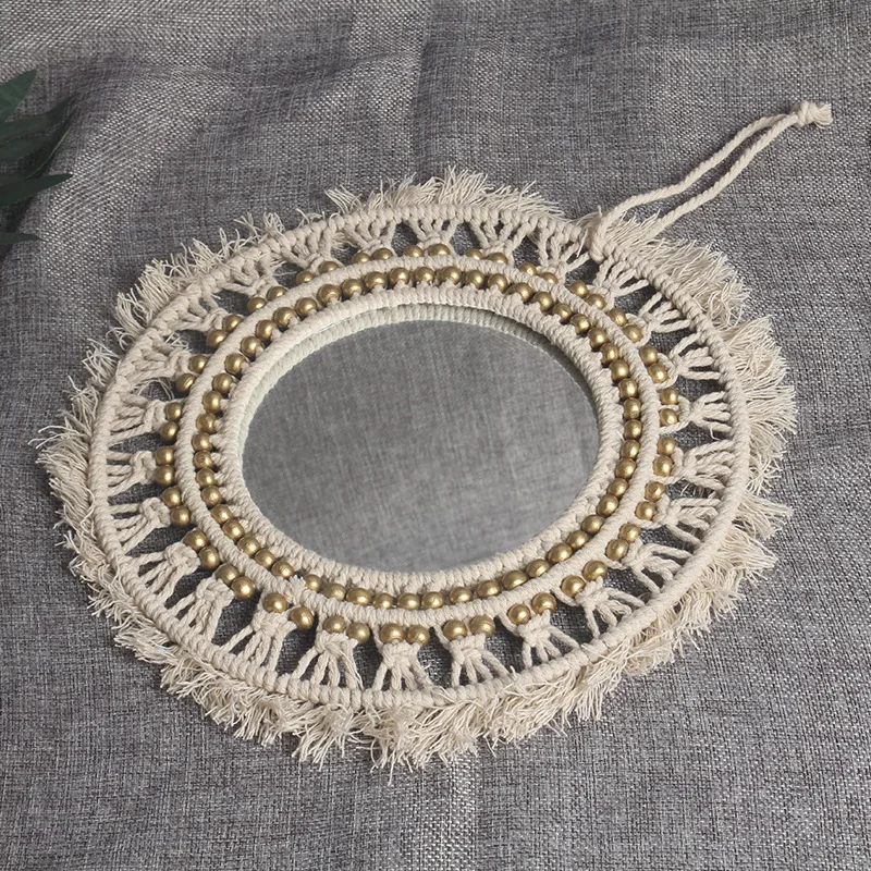 Handwoven Macrame Fringe Cotton Hanging Round Mirror Home Decoration Christmas Gift Boho with Beads