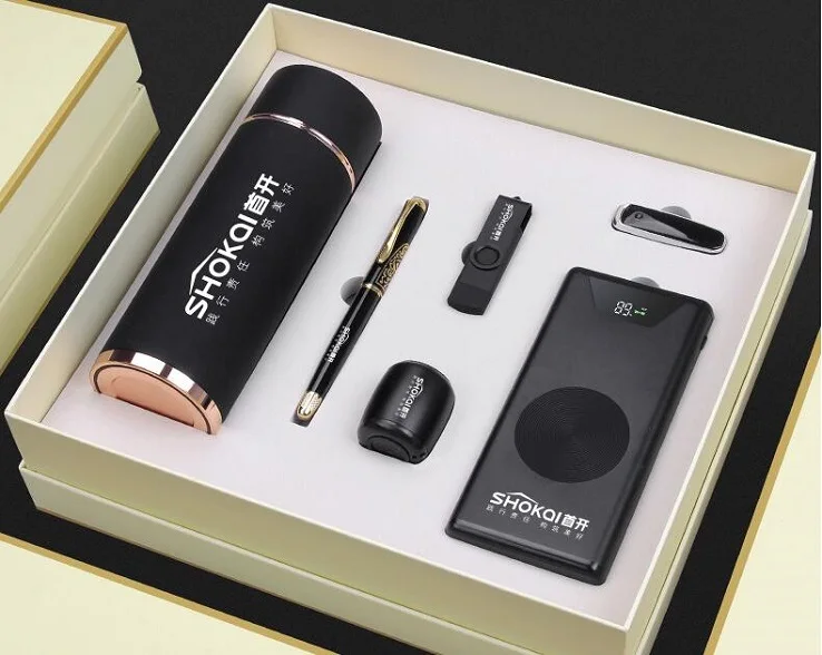 6 in 1 Business Gift Set Luxury  ,  Promotion Corporate Gift Set 2019 with Speaker Vacuum Cup Wireless Charger Power Bank