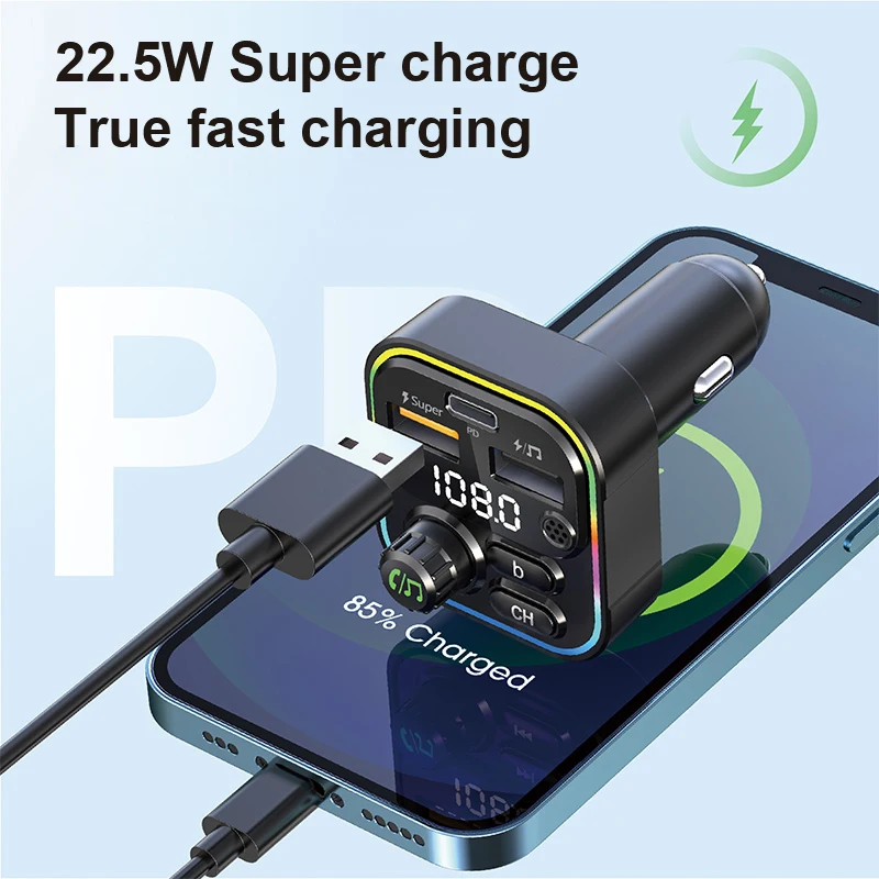 New 22.5W Car Kit FM Transmitter handsfree multifunction wireless  MP3 Player 3 Usb Port Car Charger Type C Charger Adapter
