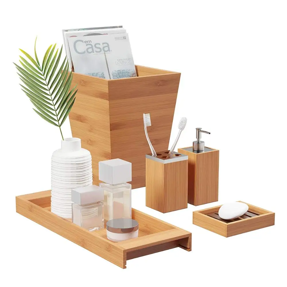 
Bamboo Bathroom Accessory Set With Tray Lotion Dispenser Soap Dish Toothbrush Holder And Wastebasket 