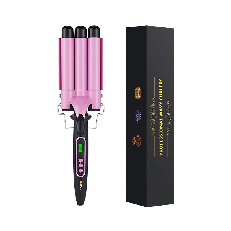 KooFex LCD Display Fast Heating Ceramic Hair Curler 450F Three Barrels Hair Curling Iron