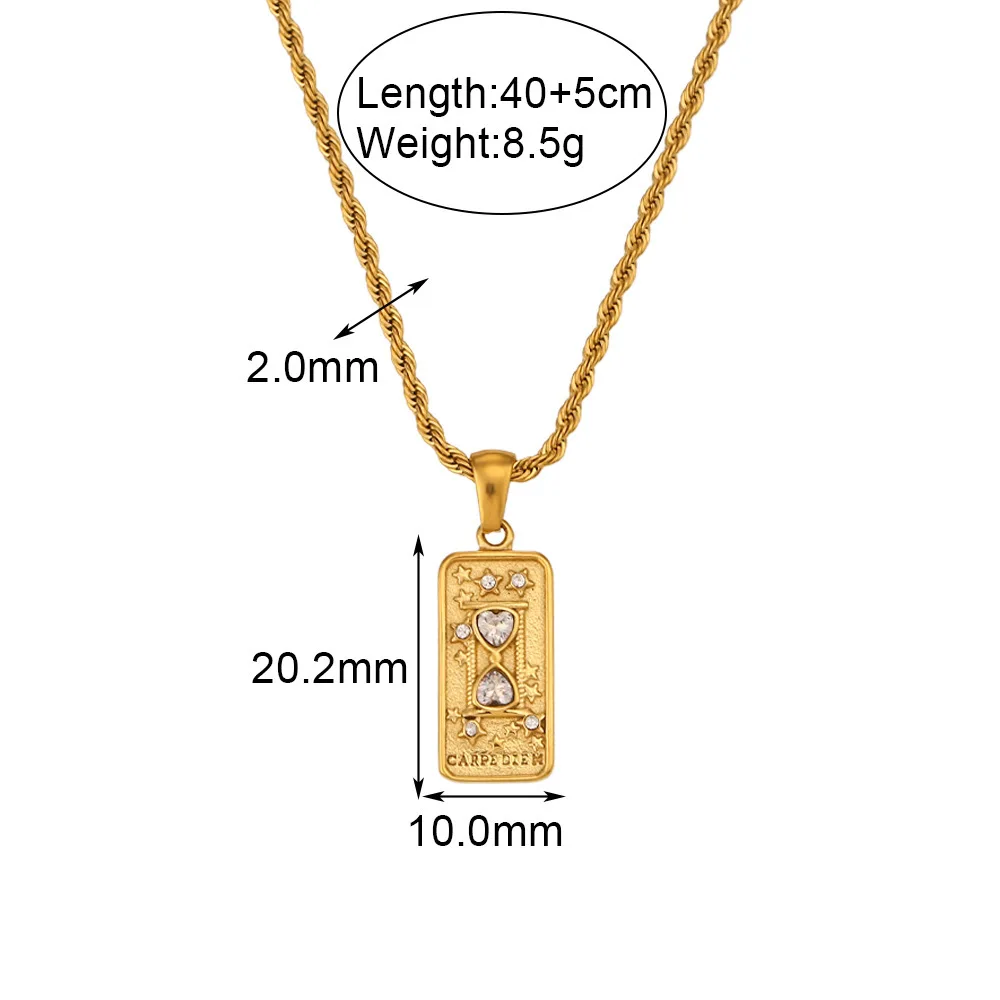 N2056 Waterproof Square Plate Necklaces 18K Gold Plated Stainless Steel Zircon Inlay Star Moon Leopard Relief Tarot Necklaces