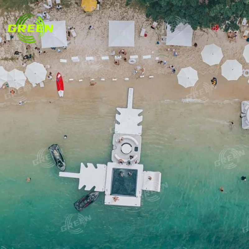 Green inflatable floating slide fish rooftop car tent air lounge chair bathing swim covered circle pool custom inflatable island