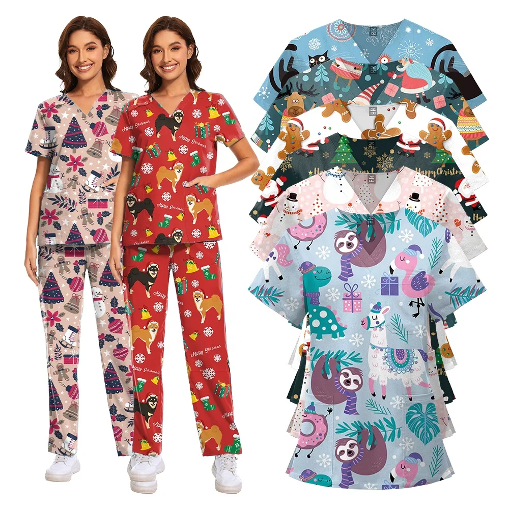 2024 Flowers Scrub Tops Women Cute Print Nurse Uniforms Scrubs Comfortable Hospital Women Printed Nursing Scrub Sets
