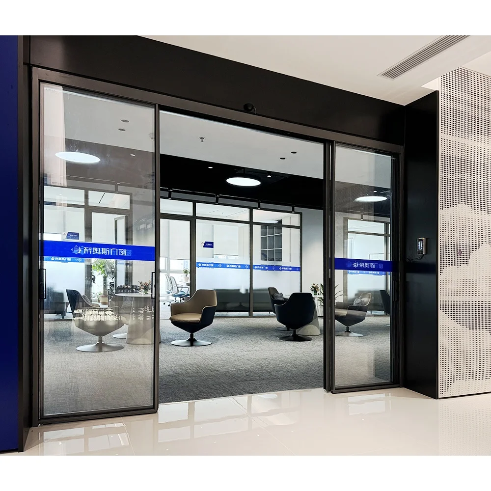 Custom exterior panoramic modern black slimline automatic aluminum sliding glass door