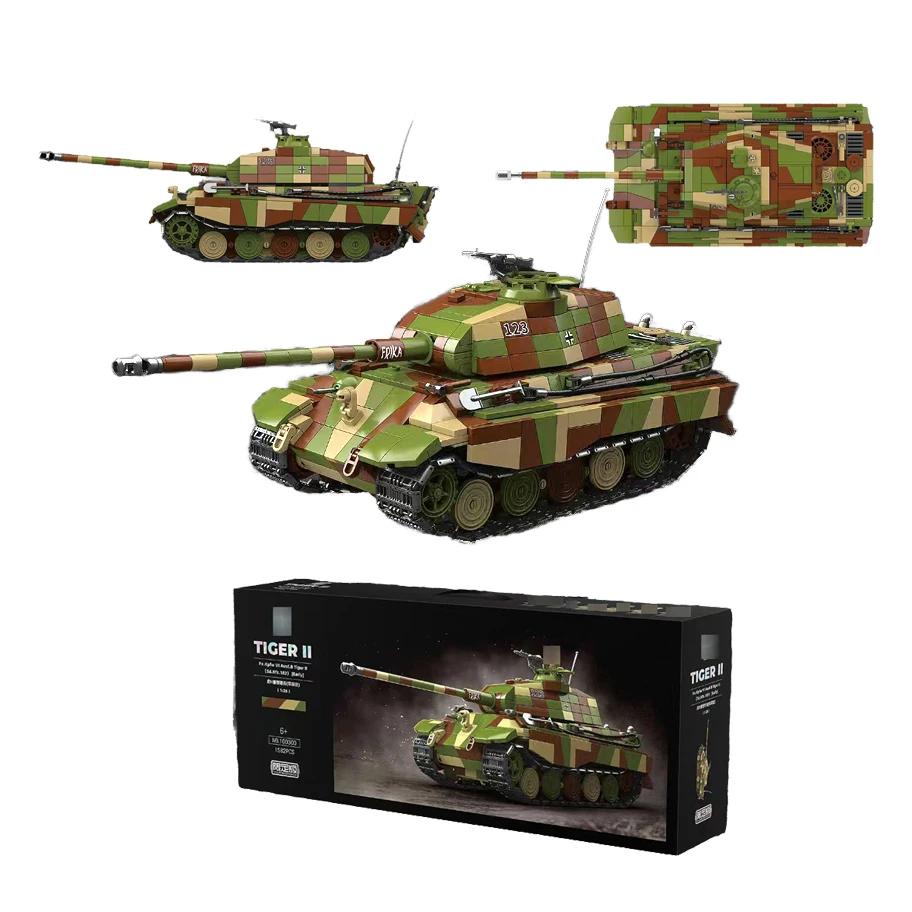 1582pcs Army Camouflage Aufblasbarer Panzer 1/28 Pz.Kpfw Vi Ausf.B Tiger Tanks Plastic Building Block Model Toy Collection Adult