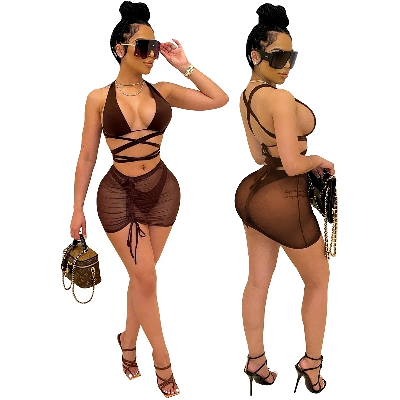 new EB-20061606    Summer mesh net sexy drawstring bandage swimsuit 3 piece bikini skirt set