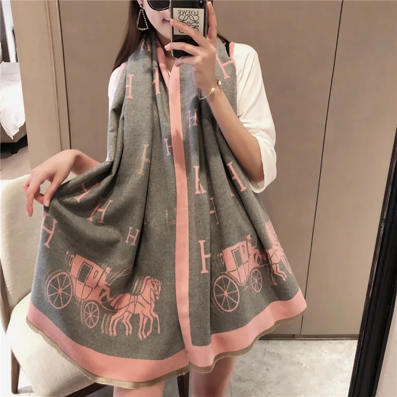 Large Warm Cashmere Winter Scarf Shawl High Quality Korea Jacquard Letter Carriage Gorgeous Scarf For Ladies