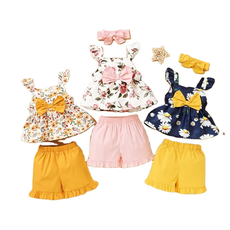 Bow flying Floral sleeve skirt kids little girls clothing sets summer
