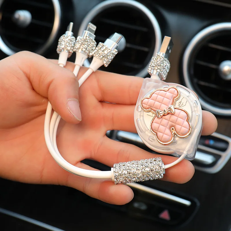 Mini Dual Port Bling Crystal Diamond Fast Usb Cord With Type C Connector Mobile Adapter Quick Multi Charging Cable For Iphone