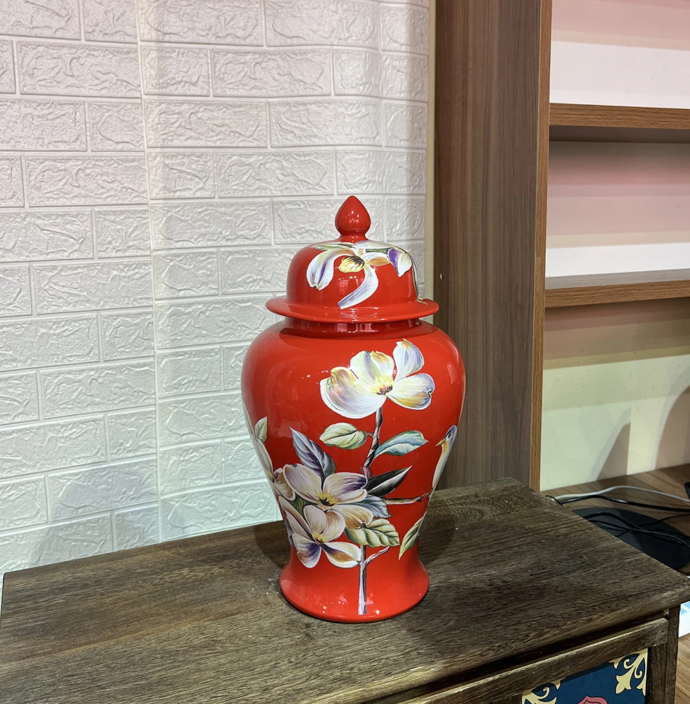 Traditional antique Chinese style red and white luxury ceramic ginger jar with flower patterns as business gift