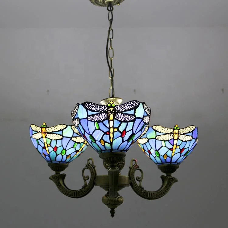 LongHuiJing Tiffany Chandelier 3 Lights Stained Glass Chandeliers Lighting Fixtures Antique Style Ceiling Hanging lamps