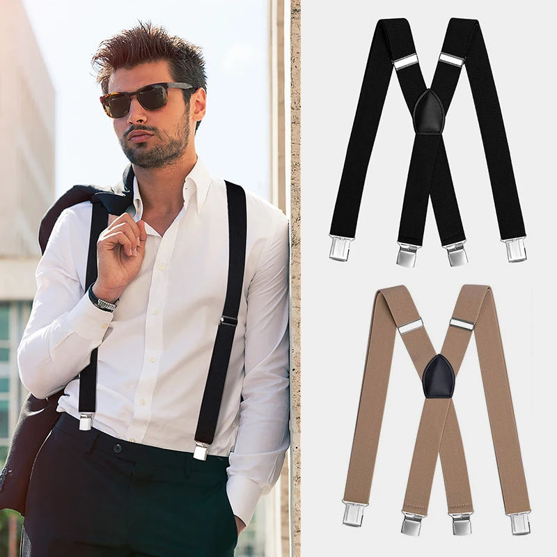 Black Color X Shape Fashion Design Adjustable Metal 4 Clips Elastic Band Straps Suspenders for Men