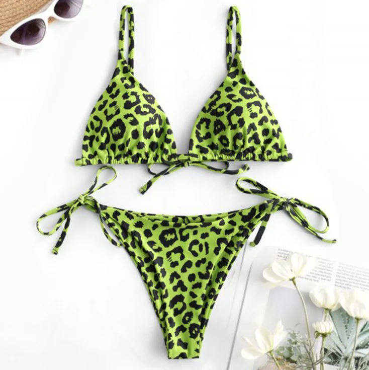  2021 Mature Women Open Sexy String Triangle Bikini Set Animal Print Bandage Swim suits