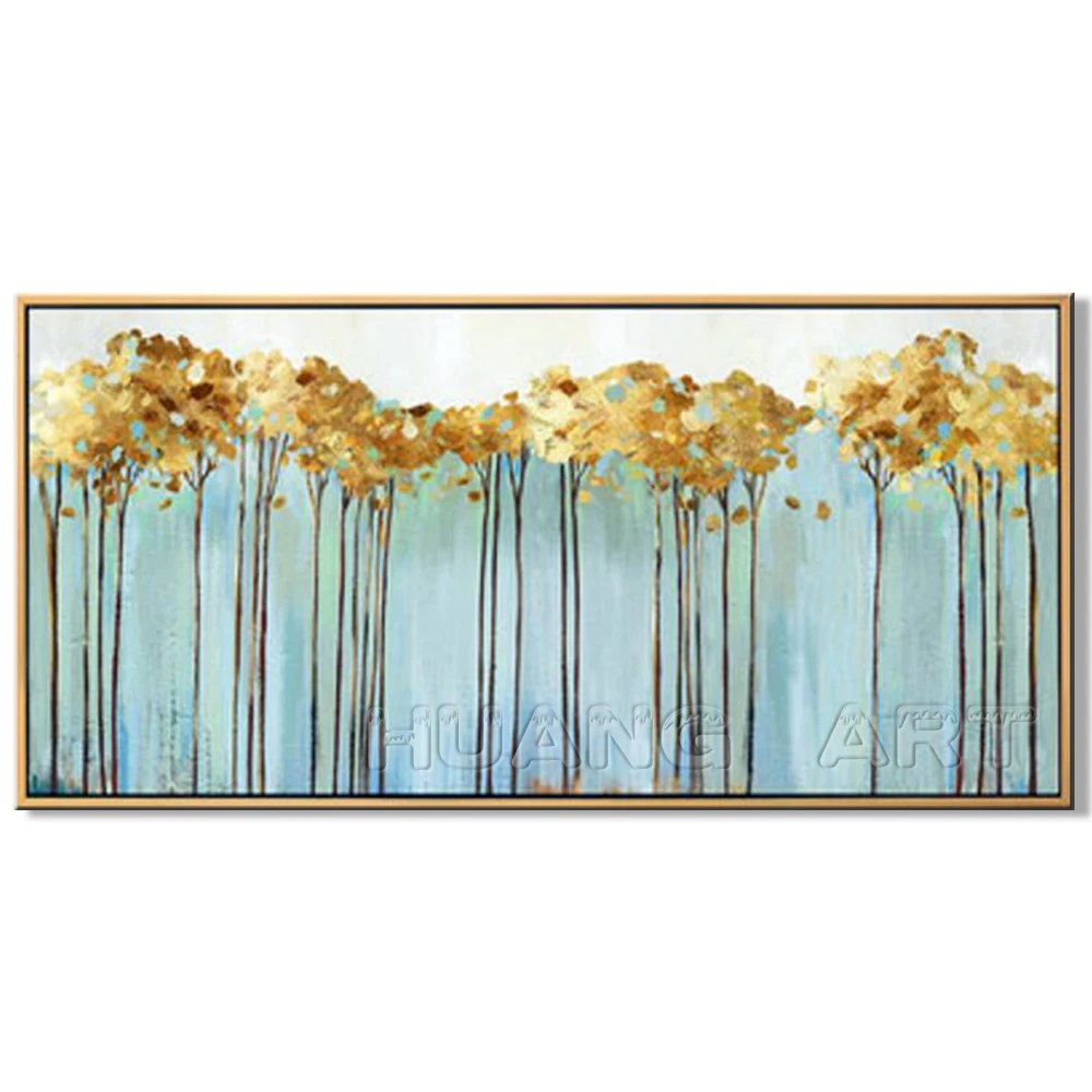 Handmade Gold Rich Tree Landscape Oil Painting on Canvas for Room Decor Hand Painted Blue Sky Abstract Tree Wall Painting