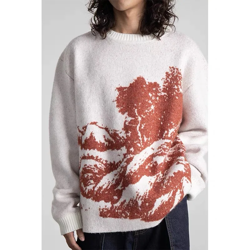 Wholesale custom logo oem round o crew neck 100% cotton male white knitted luxury jacquard knit sweater men