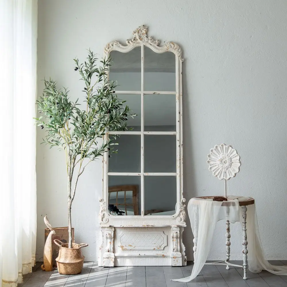 Factory Spot European Style Arch Antique Full Length Large Standing Wooden Mirror Vintage Mirror with Frame
