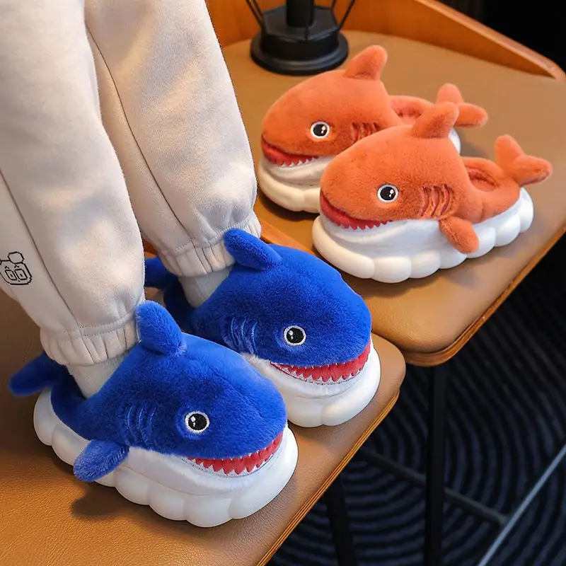Cartoon Shark Winter Kids Cotton Plush Slippers Indoor Warm Thickened Home Non-slip Plush Shoes