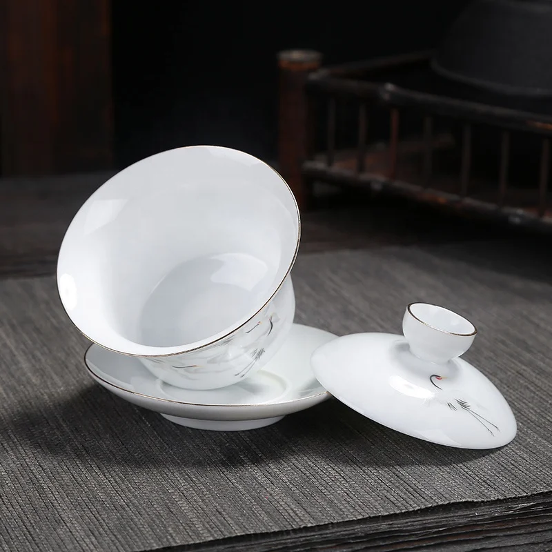 Чайные чашки Gongfu с красным журавлем набор крышек и чашек позолоченная Керамическая рамка Gaiwan
