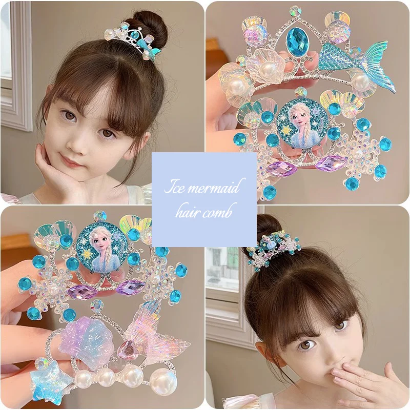 Wholesale Mermaid Kids Colorful Rhinestone Crown Hair Comb Little Girls Princess Hair Clips Headband Tiara Party Birthday Gift