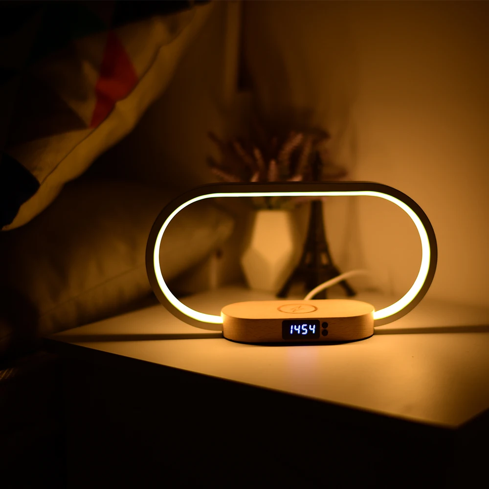 NEW 2023 New Product Wooden Lamp With Wireless Charging Time Display Bedside Night Light