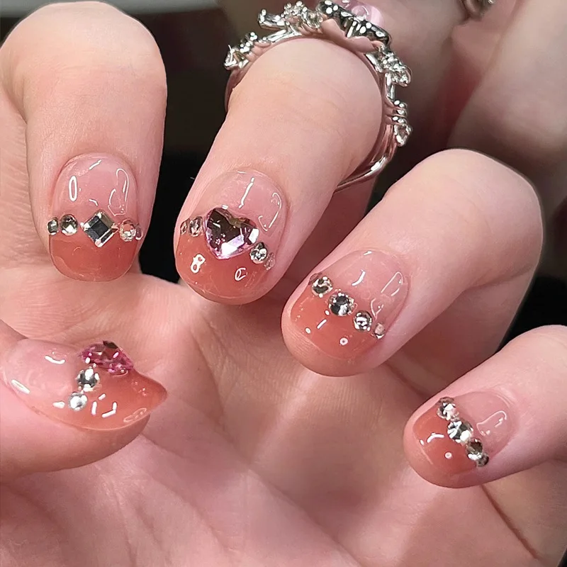 Almond French Tips Pattern Stick On Nails Natural Reusable Ease Wearable Daily False Nails Private Label Customized Fake Nails