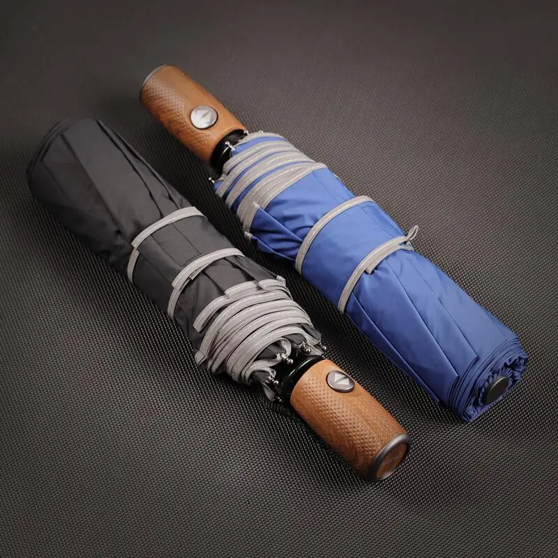 Custom portable auto open and close wood grain handle reflective border rain umbrella windproof