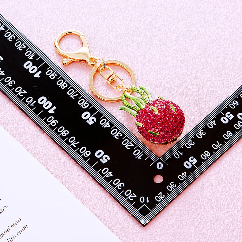 Bling Crystal Rhinestone Keychain 3D Cubic Dragon Fruit litchi Shanzhu Cherry Key chains Diamond Car Keyring Strawberry Keychain