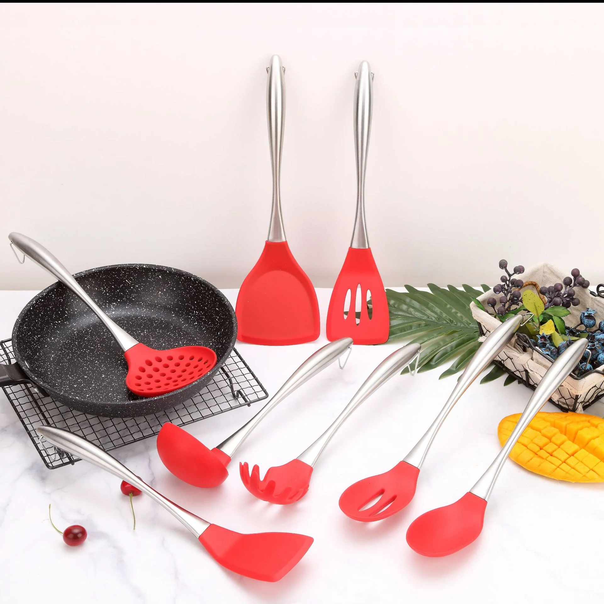 8 Pcs New Silicone Kitchenware Stainless Steel Kitchenware Color Box Non-stick Cookware Cooking Spatula Set