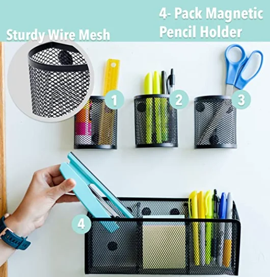 Office Supplies Black Magnetic Pencil Holder (4-pack) - Strong Magnet Wire Mesh Storage Basket Organizer Organizes Pens, Pencils