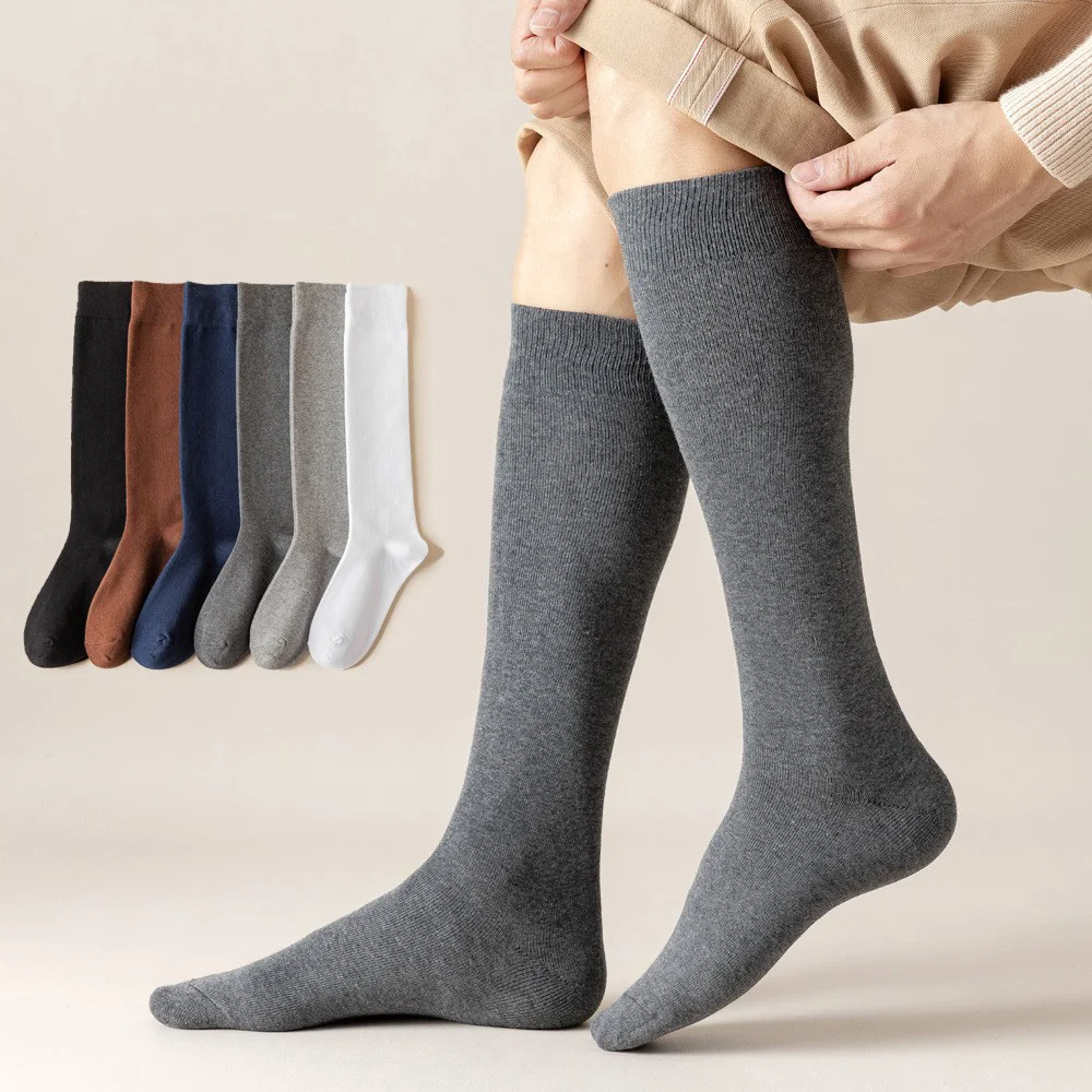 Knee high dress socks formal business classic cotton knit plain black long socks men