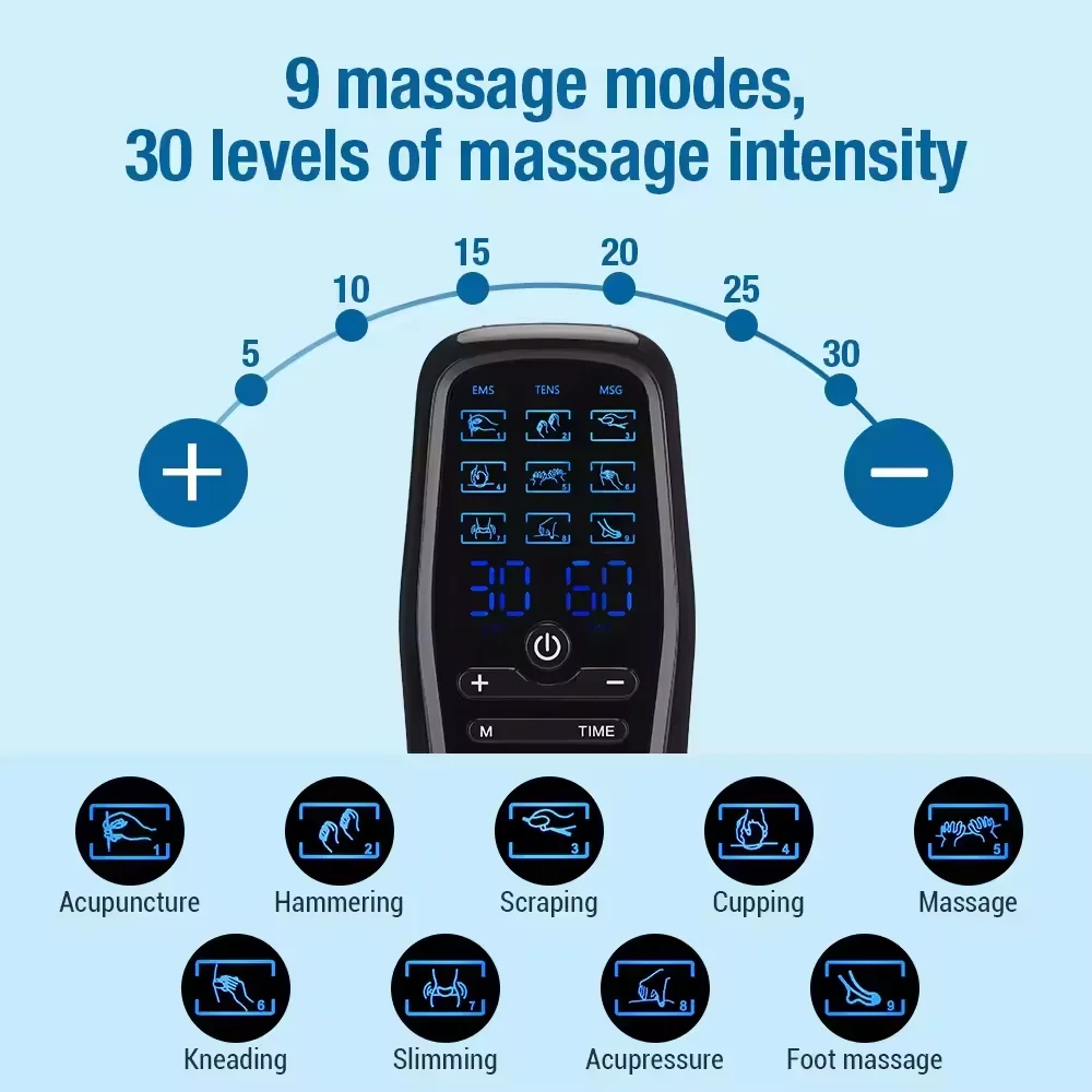 EMS Tens Machine 9 Modes Muscle Stimulator Electronic Pulse Tens Massage Therapy Device Rechargeable Therapy Equipment