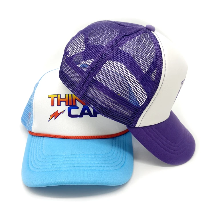 High quality Comfortable New Design 5-Panel Trucker Hats Custom  printing Logo Foam Trucker Hats blue and purple Mesh Caps