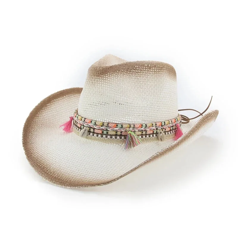 Ethnic Style Pink Straw Hat New Mexican Sombrero Wide Brim Hat Roll Up Beach Sun Straw Hat