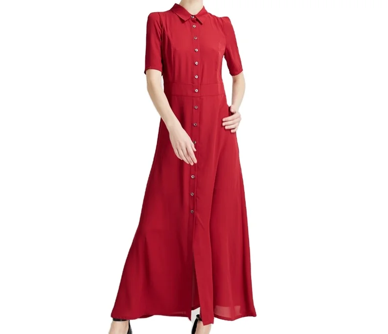 
OEM ODM Button Fly Short Sleeve Long Women Chiffon Dresses 