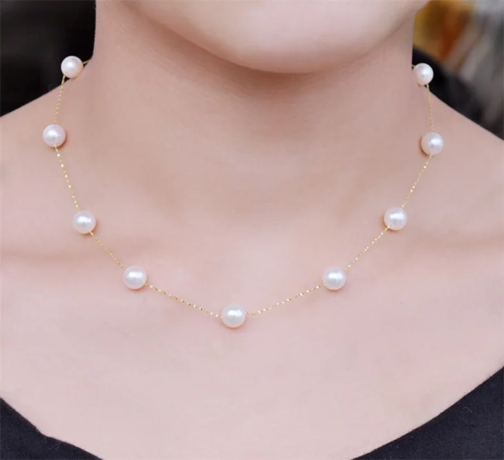 Оптовая цена 18k Золотая цепочка ожерелье 7 мм круглый пресноводный жемчуг ювелирные изделия кулон