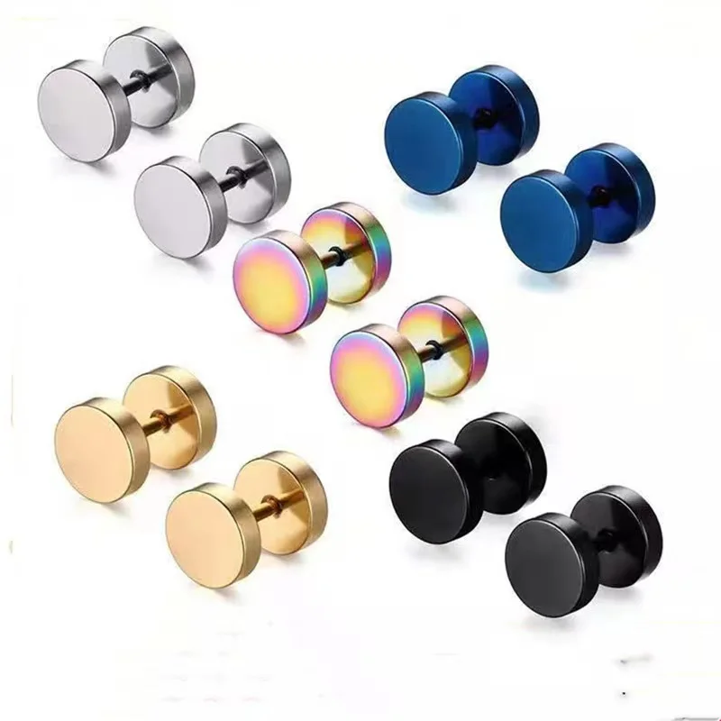 Stainless Steel Round Stud Earrings 6mm-12mm Diameter For Women Men Titanium 5 Colors Piercing Male Earrings Fashion Men Jewelry