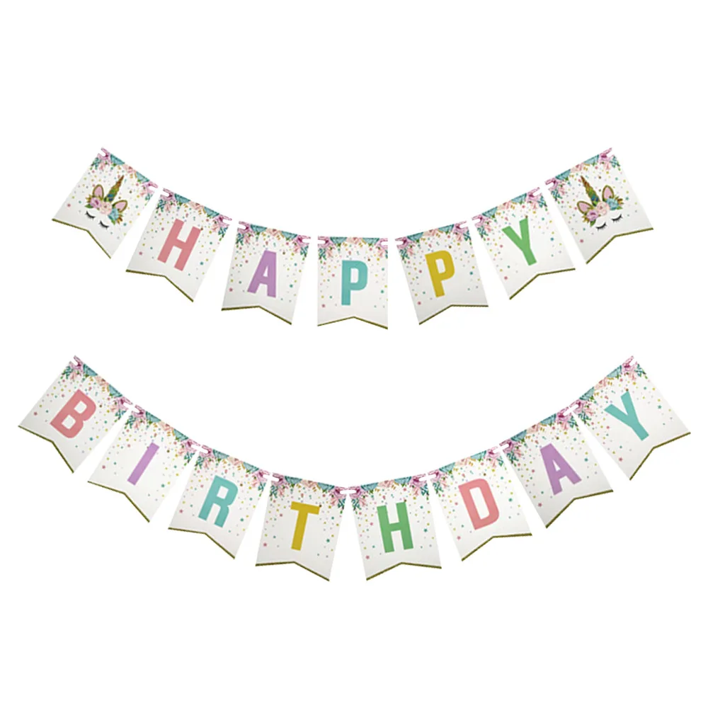 
Happy Birthday Bunting Banner Rainbow Unicorn Themed Party Favors Decorations For Cute Fantasy Fairy Girls 