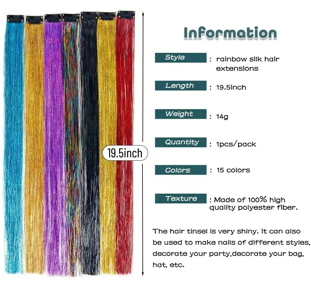 Hot Selling Beautiful Synthetic Bling Bling Fiber Clip in Hair Piece Tinsel Braiding Extensions