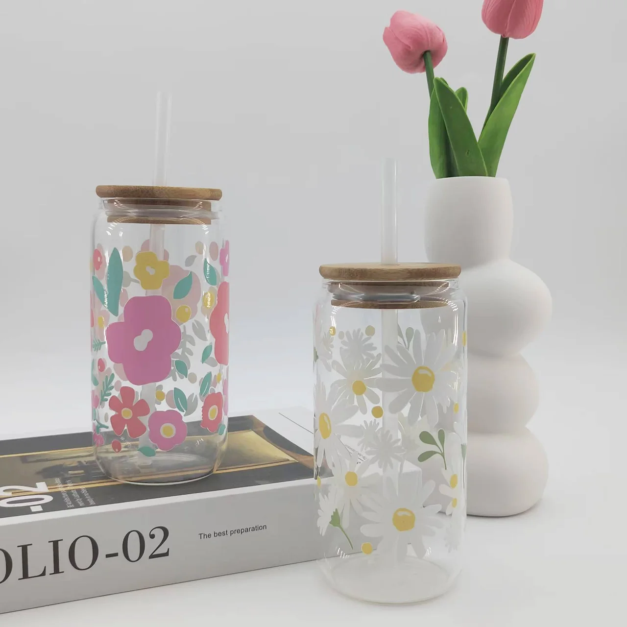 500ml different flower pattern Transparent Cola Glass Cup With Straw And Lid