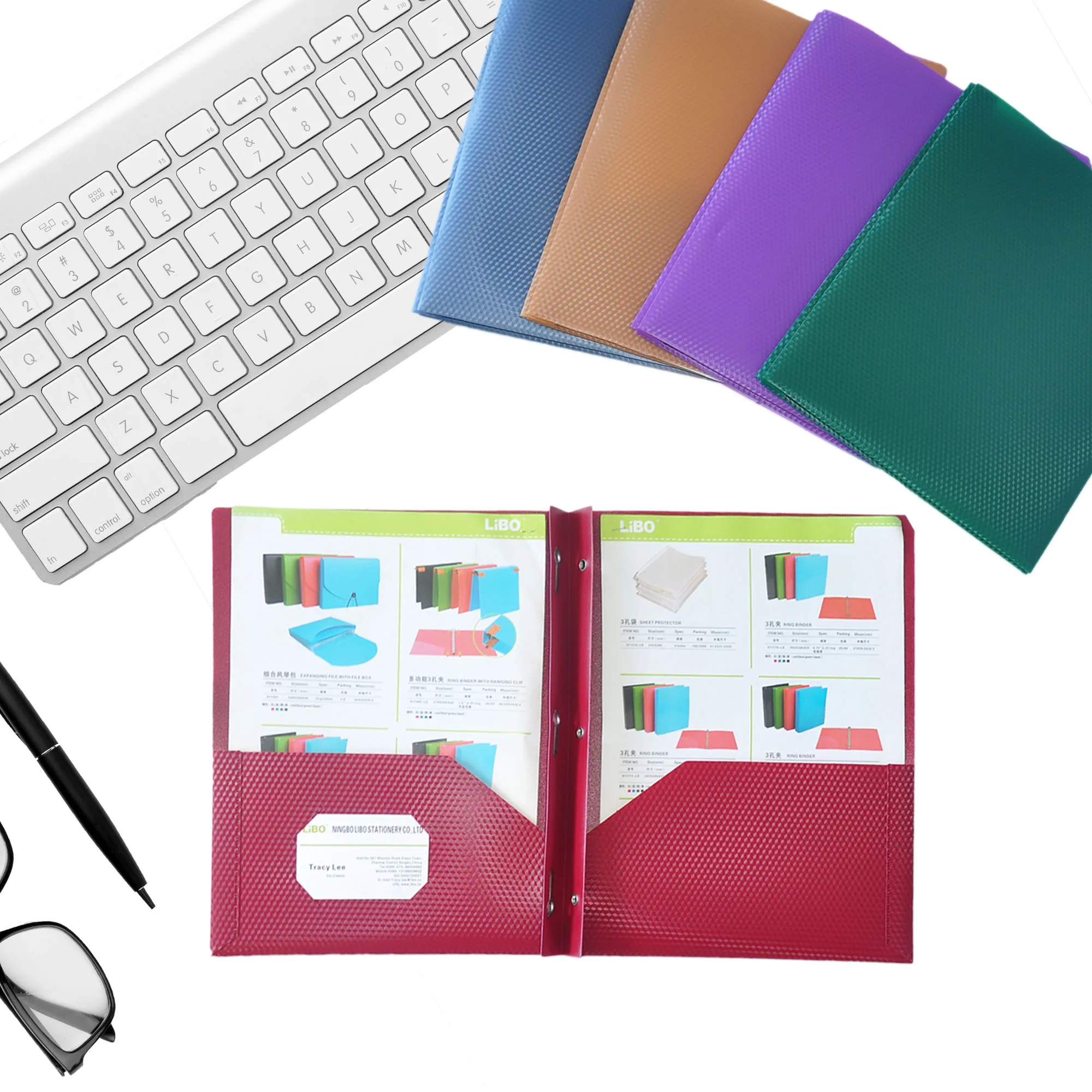 Letter Size Poly Plastic PP Two Pockets Portfolio Files Holder Documents Folder With 3 Metal Prongs